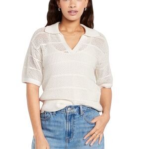 Old Navy Women's White Open Knit Polo Sweater S Cottagecore Fall